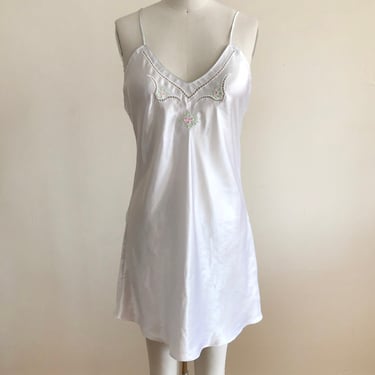 White Satin Mini Slip with Floral Embroidery and Ladderstitching - 1990s 