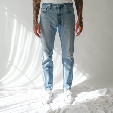 Vintage 90s LEVIS 501 Whiskered Medium Light Wash Destroyed Button Fly Jeans |  Size 33x32 | 1990s LEVIS Unisex High Waisted Denim Pants 