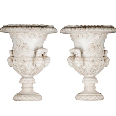 Pair of Italian Palatial Garden Urns/Medici Vases with Carved Marble