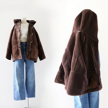 suede + sherpa hooded coat - l 