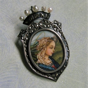1920's Hand Painted Lady Brooch and Pendant, 800 Silver and Marcasite Brooch Pin, Shield and Crown Jewelry (#3996) 