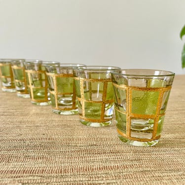 Vintage Culver Prado Green Gold Shot Glasses - Set of 6 - Barware 