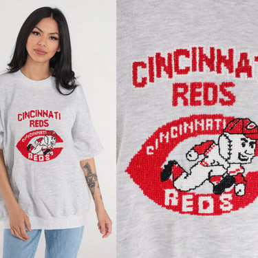 Cincinnati Reds Shirt 90s Ohio Baseball Sweatshirt MLB Cross Stitch Graphic Tee Short Sleeve Sweater Grey 1990s Vintage Honors Mens 2xl xxl 