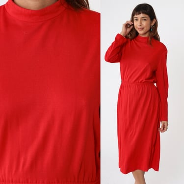 Plain Red Dress 80s Mock Neck Midi Dress Plain Low Elastic Waist Secretary 1980s Vintage Long Sleeve Solid Shift Basic Medium 