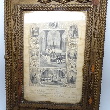 Antique 1800's Tramp Art  Frame with 1884 Confirmation Certificate, Vintage Hand Made and Painted 