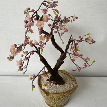 Vintage Cherry Blossom Glass Tree, Asian Decor, Bonsai Tree, Stamped On Bottom, Zen Decor, Pink, Mid Century 