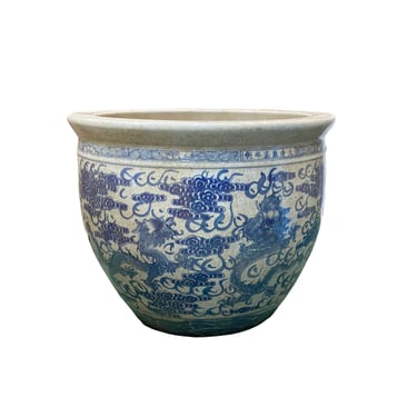 Chinese Off White Cream Crackle Blue Dragons Graphic Porcelain Pot Planter cs7550E 