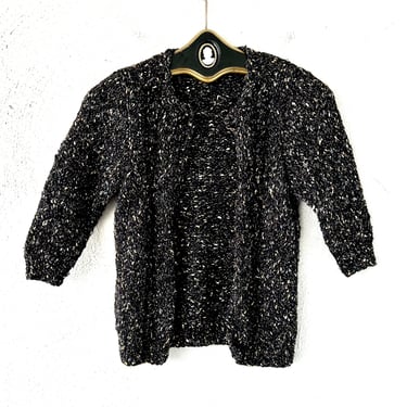 Vintage 70s 80s Metallic Cardigan Chunky Black Gold Sweater Knit Shirt Top 