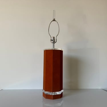 Vintage Italian Lucite & Burnt Orange Suede  Leather Wrapped Table Lamp 