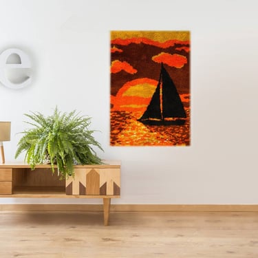 Vintage 70s Shag Rug or Wall Hanging • Sunset with Sailboat Scene • Orange & Brown • Hippie Boho Home Decor • 35