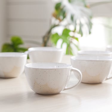 White Ceramic Speckled Mug - Cloud Glaze - Modern Handmade Pottery - Latte Art - Coffee Matcha Tea Cup Handles - Bowl Shape - Cafe Barista 