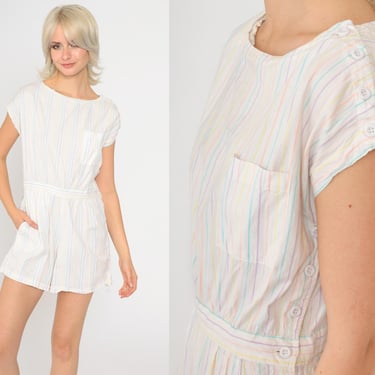 80s Rainbow Striped Romper Playsuit White Pastel One Piece Shorts Jumpsuit Cap Sleeve Vintage 1980s Summer Romper Small 