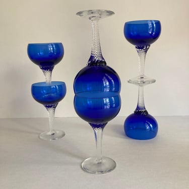 Vintage Blue Cocktial Glasses w/Clear Twisted Stems - Set of 6 