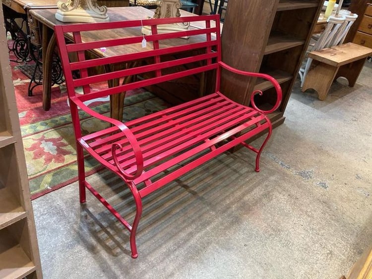 Red metal bench 44” x 19” x 36” seat height 16”