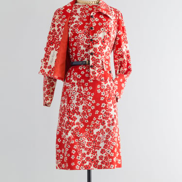 Fabulous 1960's RWB Cotton Floral Print Dress & Jacket Set / ML