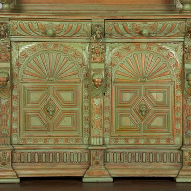 Antique French Renaissance Painted in Green Tiger Oak Cabinet 