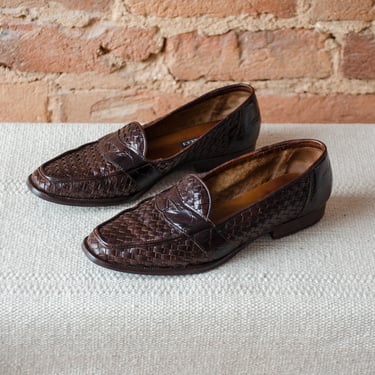 brown woven leather loafers | 80s 90s vintage Sesto Meucci dark academia preppy penny loafers US size 6 