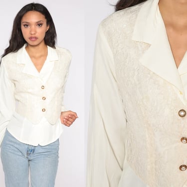 90s Off-White Blouse Attached Button Up Vest Lace Floral Shirt Victorian Long Sleeve Top Twofer Boho 1990s Romantic Vintage 2fer Medium M 