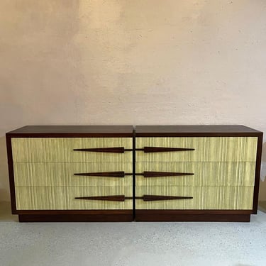 Pair Of Hollywood Regency Mahogany And Grasscloth Dressers