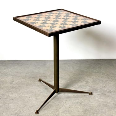 Italian Mid Century Bronze Pietra Dura Marble Chess Board Tripod Side Table 1950s 