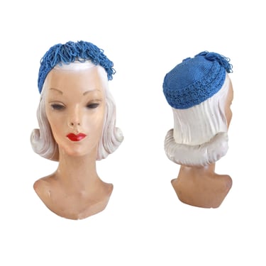 1930s Cornflower Blue Crocheted Hat with Fringe - 1930s Womens Blue Hat - 1930s Crocheted Cap - 1930s Knit Hat - 1930s Small Hat  - 30s Hat 