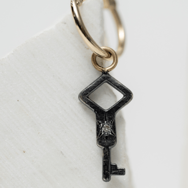 Single 14k Gold, Diamond and Oxidized Sterling Silver Diamond Key Huggie