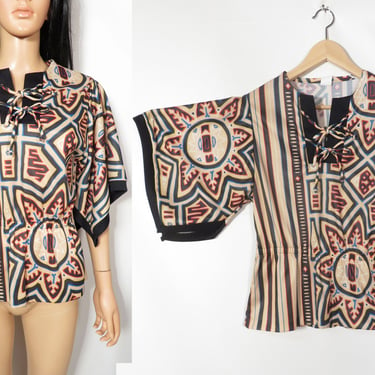 Vintage 70s Hippie Abstract Print Tunic Size M 