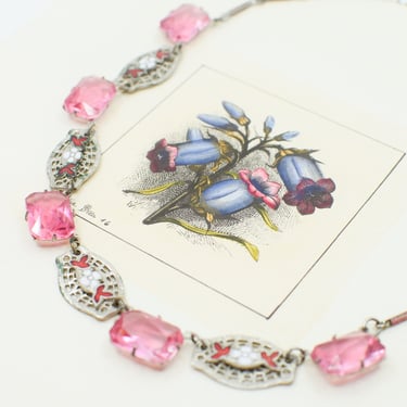 Vintage 1930s Art Deco Czech Glass Necklace | Pink Glass Gem with Enamel Necklace 