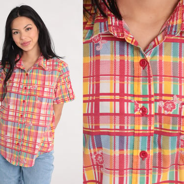 Plaid Floral Blouse 90s Button Up Shirt Red Short Sleeve Top Yellow Green Boho 1990s Vintage Checkered Shirt Preppy Checkered Medium 