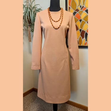 Vintage 1960s Tan Camel Long Sleeve Solid Polyester Shift Dress 