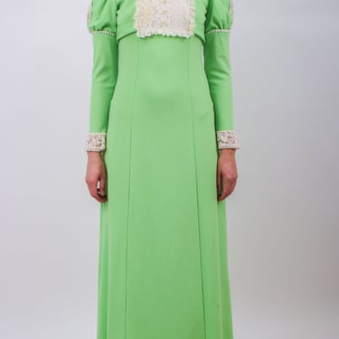 1970s Does Victorian Bright Green Puff Sleeve Maxi Dress