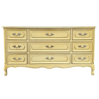 French Provincial Dresser by Henry Link - 1970s Vintage Yellow & Gold Leaf Credenza with 9 Drawers Farmhouse Shabby Chic Style 