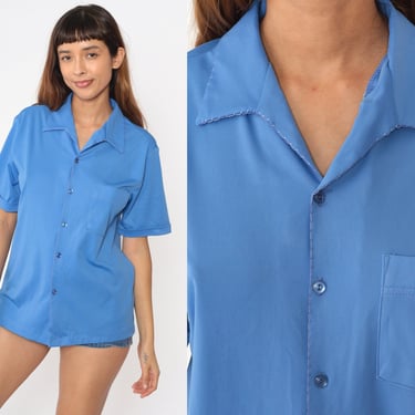 Blue Button Up Shirt 70s Blouse Hippie Boho 1970s Shirt Disco Top Vintage Collared Plain Cuffed Short Sleeve Medium Large 