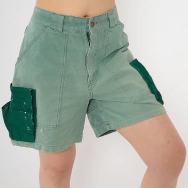 Vintage 90s Green Cargo Shorts Distressed High Waisted Utility Retro Skater Hiking Shorts Granola WearGuard 1990s 00s Cotton Medium 34 