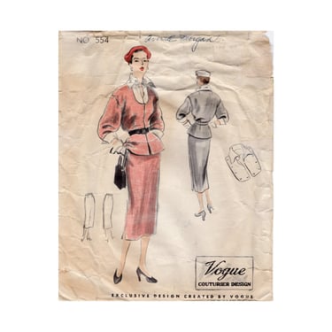 Vintage 1950 Vogue Couturier Design Sewing Pattern No. 554, Peplum Suit and Dickey, Size 14 Bust 32 Hip 35 