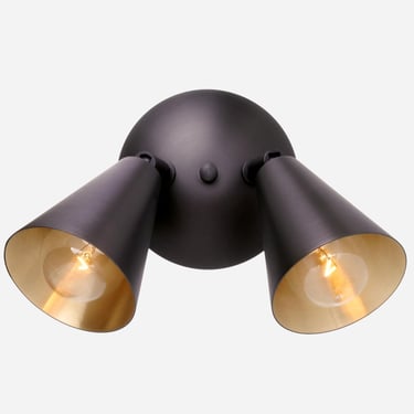 Mid Century Modern Wall Sconce Light Two Cone Shade - Black Brass, Minimal, Lamp, Kitchen, Bathroom, Vanity, Bedside, Night Stand, Vintage 