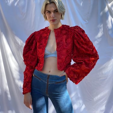 Velvet and Lace Cropped Jacket / Crop Top Stagewear / Cropped Bolero / Velvet Puffed Sleeves Blouse Jacket 