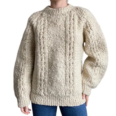 Vintage Hand Knit Chunky Wool White Cream Fisherman Oversized Sweater Sz XL 