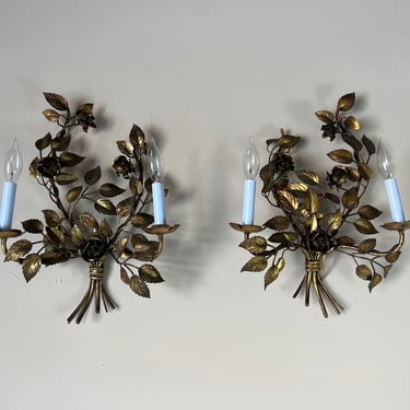 Italian Hollywood Regency Gold Leave Iron Sconces - a Pair 