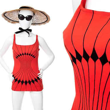 Vintage 1970s Swimsuit | 70s Starburst Diamond Red Black One Piece Open Back Retro Mod Bathing Suit (small/medium) 