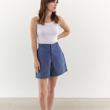 Vintage 29 Waist Blue Denim Shorts | Paper Button Unisex French Workwear style | S076 