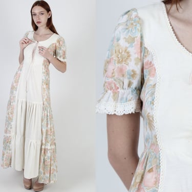 Vintage 1970s Gunne Sax Crochet Trim Dress, Floral Tiered Long Renaissance Dress, Lace Up Corset Tie Prairie Bridal Gown 