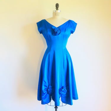 1950's Cobalt Blue Satin Fit ands Flare Party Dress Formal Evening Cocktail Full Skirt Rosettes Rockabilly Swing 26