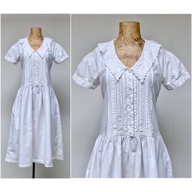 Vintage 1980s White Cotton Edwardian-Style Dress, 80s Embroidered Eyelet Lace Drop-waist Puffed Sleeve Retro Frock, Small-Medium 