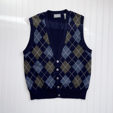 wool sweater vest 80s 90s vintage Lord & Taylor navy lambswool argyle plaid knit vest 