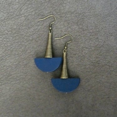Blue wooden earrings, antique bronze earrings, Afrocentric African earrings, geometric earrings, mid century modern earrings, bold earrings 
