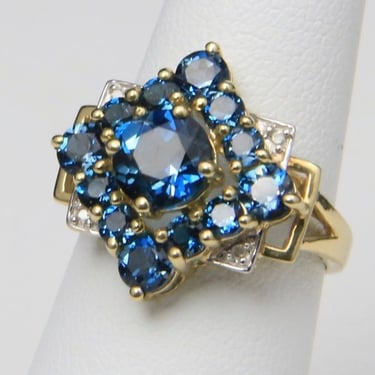 Vintage Blue Topaz Diamond & 10k Yellow Gold Ring Multi Stone Cocktail Sparkle 7 