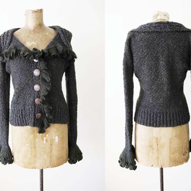Vintage 2000s Fairy Grunge Knit Boucle Womens Cardigan XS S - Y2K Crochet Ruffle Sleeve Sweater 
