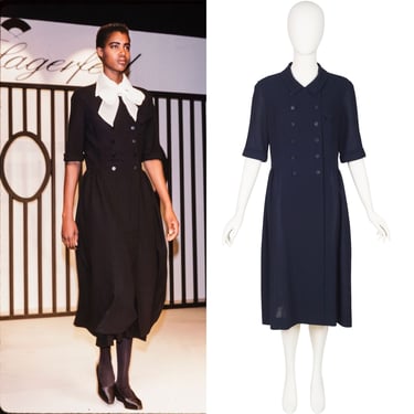 Karl Lagerfeld 1989 S/S Vintage Runway Navy Wool Crepe Double-Breasted Dress 