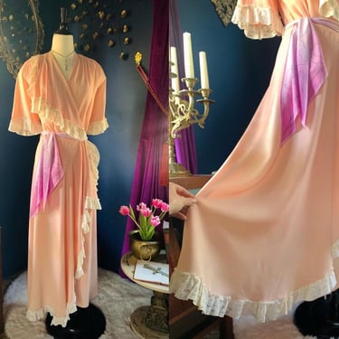 1930s - 40s Peachy Pink Lace Trim Wrap Dress / Antique 